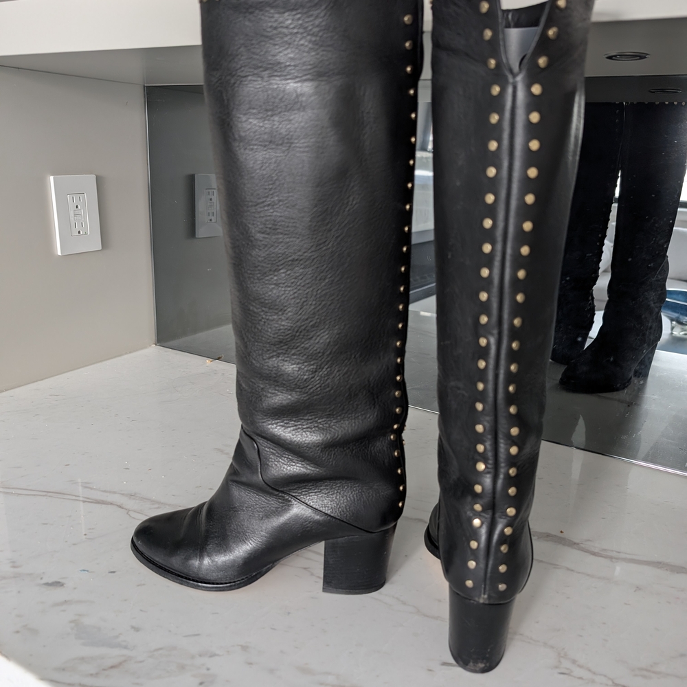 Jimmy Choo Black Over the Knee Boots with Gold Studs